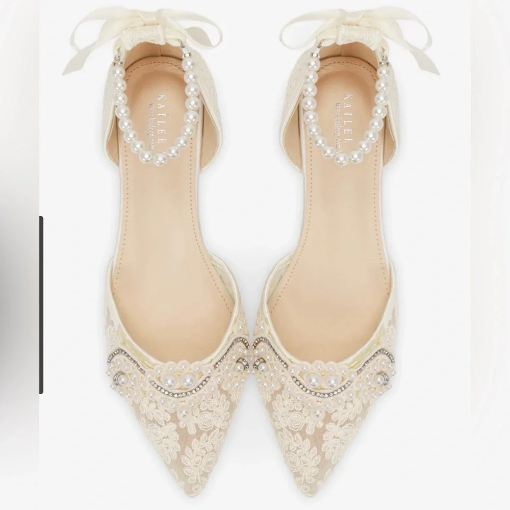 Kallie Pearl-Embellished Lace Pointed Flats in Ivory - Picture 1 of 5